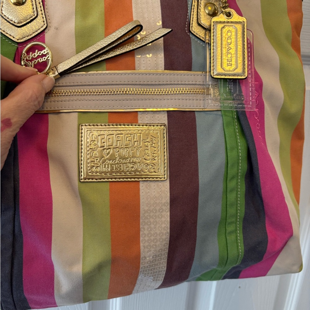 Coach Poppy L1071-16326 Heritage Legacy Stripe w Sequins Large Tote in EUC (#3) - Picture 3 of 14